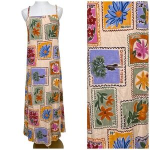 Paper Heart Antrhopologie Stamp Print Maxi Dress L Multi Color Linen Rayon Boho‎